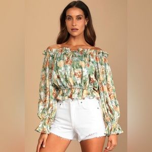 Lulus Tropical Sage Green Off the Shoulder Top